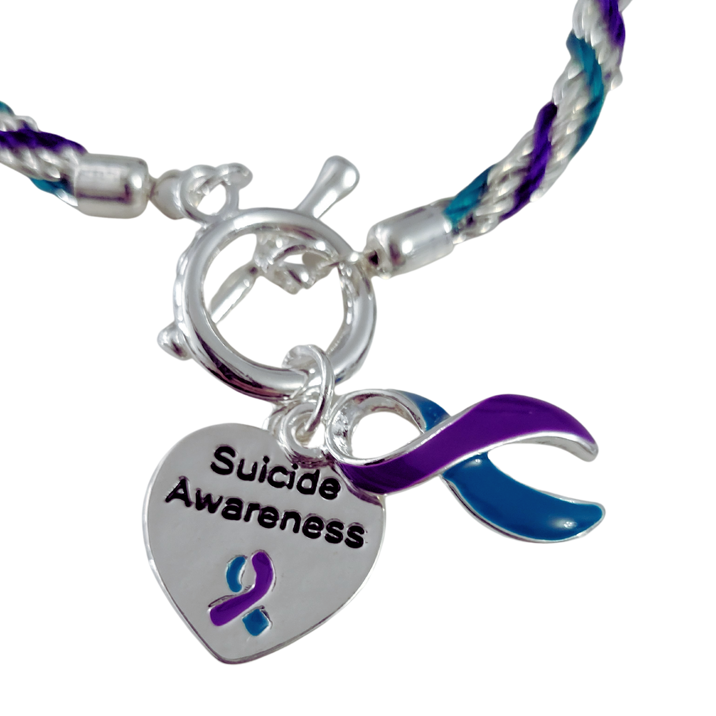 Suicide Awareness Teal & Purple Ribbon Charm Bracelet
