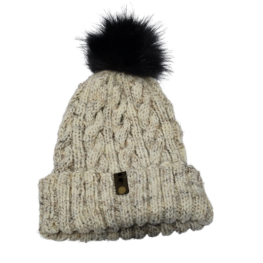 Cream Knit Hat with Black Pom